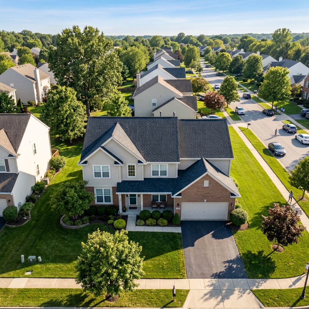 Aerial drone view of completed roof replacement